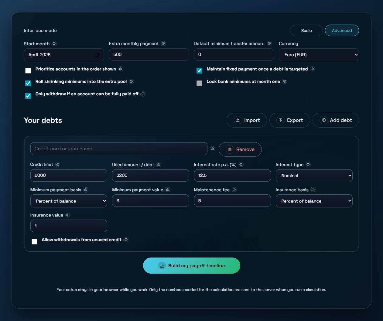 Preview of the NivaZero debt payoff calculator for credit cards, overdrafts, and loans